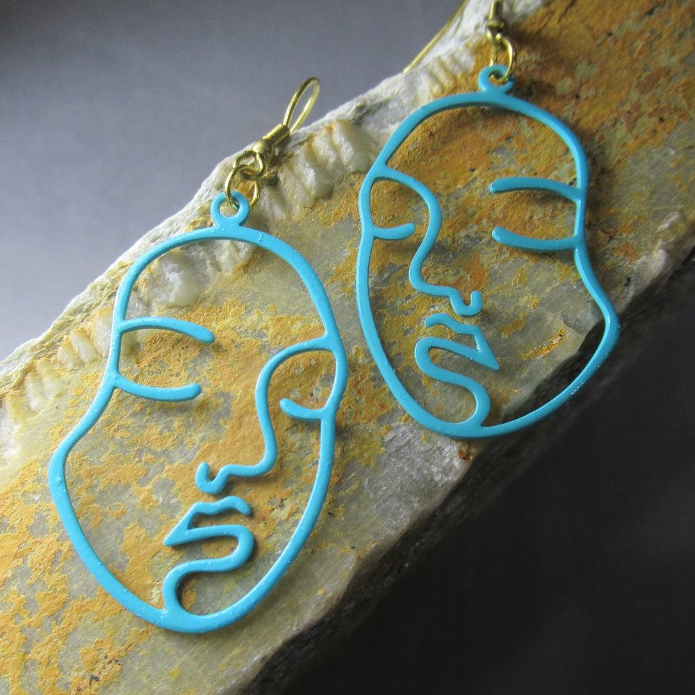 Blue Dreamer Earrings, Large Abstract Dreaming Face